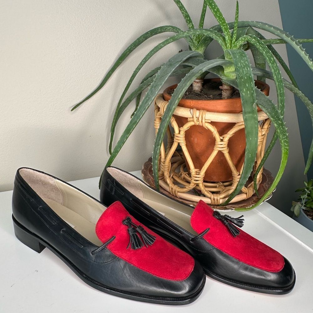 Vintage 80s/90s Talbots Made in Italy Loafers Black Leather Red Suede Tassel 9N